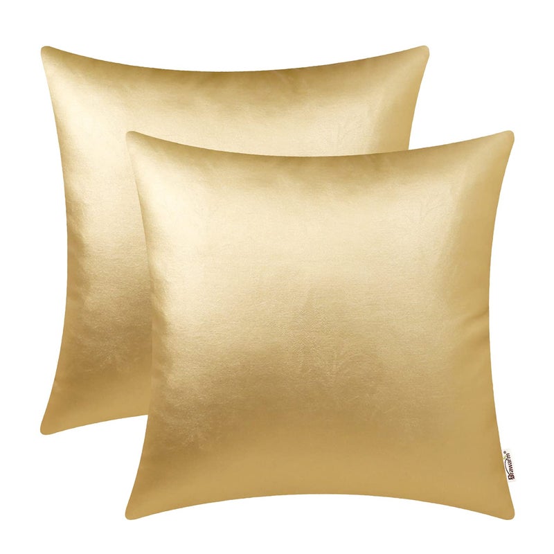 BRAWARM Faux Leather Throw Pillow Covers 16 X 16 Inches - Gold Leather Pilow Covers Pack of 2, Solid Dyed Leather Pillowcases for Couch Bed Sofa Garden Home Decorative - Image 1